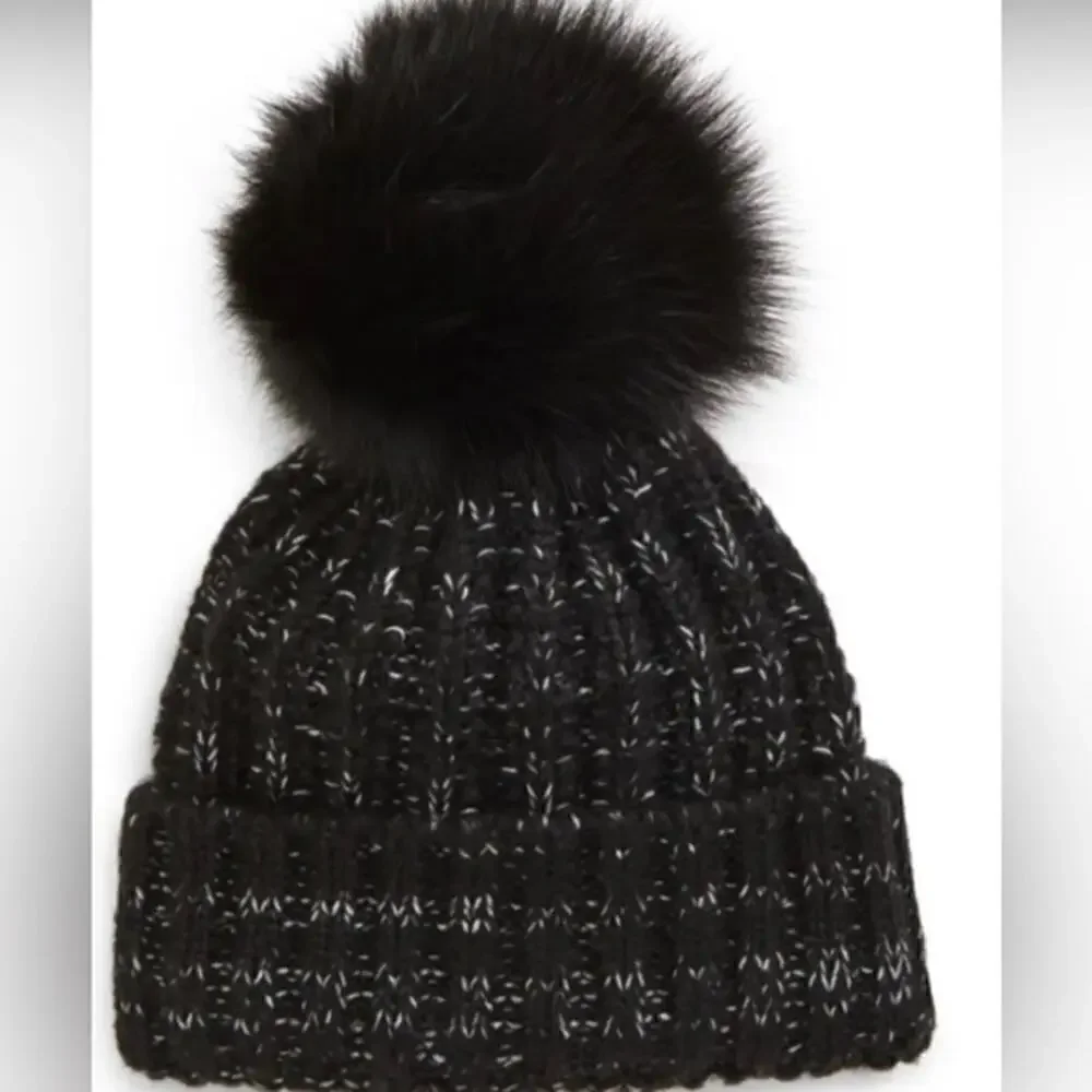 Kyi Kyi Chunky Wool Blend Beanie with Faux Fur Pomona Black NWT